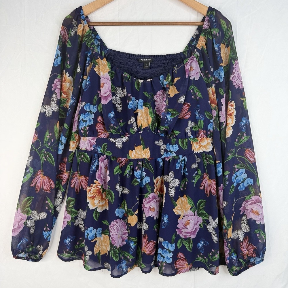 Torrid Smocked Butterfly Chiffon Top Blue Floral SZ-2‎ Regular Flowy Sheer Lined